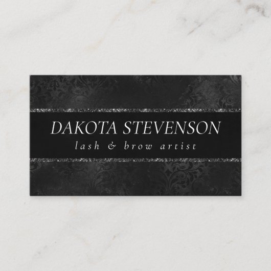 Midnight Onyx Romance | Black Satiny Grunge Damask Visitekaartje (Voorkant)