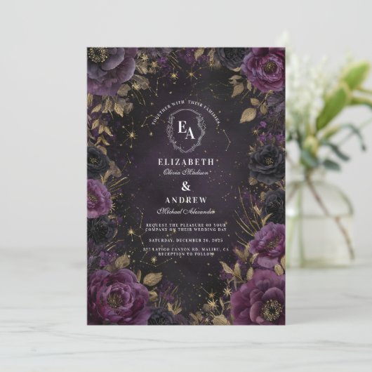 Midnight Paarse Galaxy Gothic Wedding Kaart (Staand voorkant)