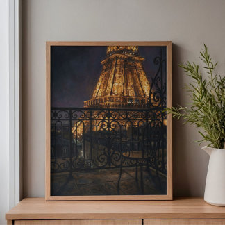 Midnight Paris Eiffel Tower Balcony Canvas Afdruk