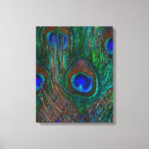 Midnight Peacock Feathers Etching Style Decor Canvas Afdruk