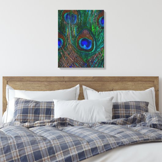 Midnight Peacock Feathers Etching Style Decor Canvas Afdruk (Insitu (Slaapkamer))