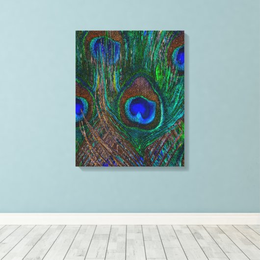 Midnight Peacock Feathers Etching Style Decor Canvas Afdruk (Insitu (Houten vloer))