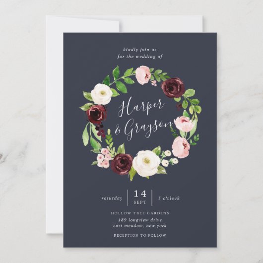 Midnight Romance Wreath Wedding Kaart (Voorkant)