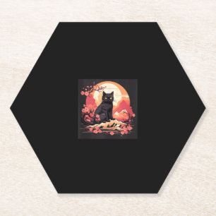 Midnight Sakura Black Cat Moon en Cherry Blossoms Kartonnen Onderzetters