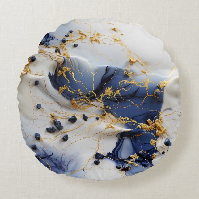 Midnight Sapphire Marble with Gold Threads Rond Kussen (Voorkant)