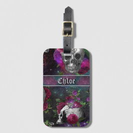 Midnight Silver Gothic Witch Skull en Rozen Lugga Bagagelabel