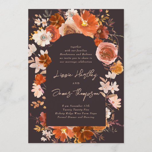 Midnight Sinaasappel Botanical Waterverf Wedding Kaart (Voorkant)