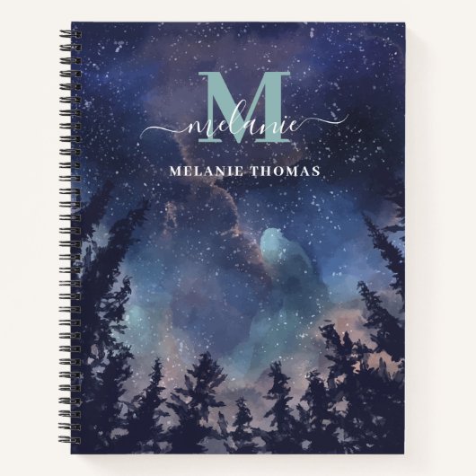 Midnight Sky Forest aangepaste naam Monogram Notitieboek (Voorkant)