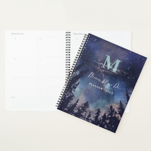 MIdnight Sky Forest Aangepaste naam Monogram Planner (Display)