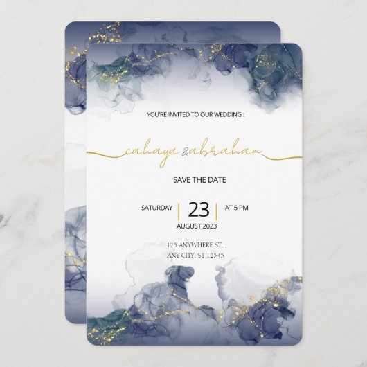 Midnight Sky & Gold Veins Moody Modern Wedding  Kaart (Voorkant / Achterkant)
