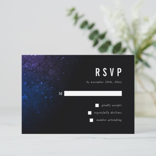 Midnight Sky & Shining Stars Galaxy Bruiloft RSVP Kaartje (Staand voorkant)