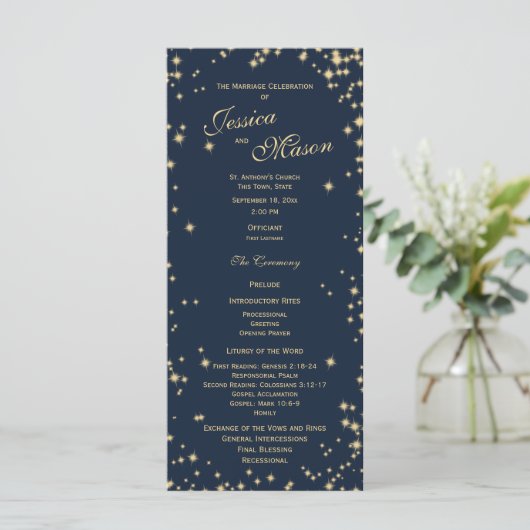 Midnight Sky Twinkle Navy Blauw en Goud Programmakaart (Staand voorkant)