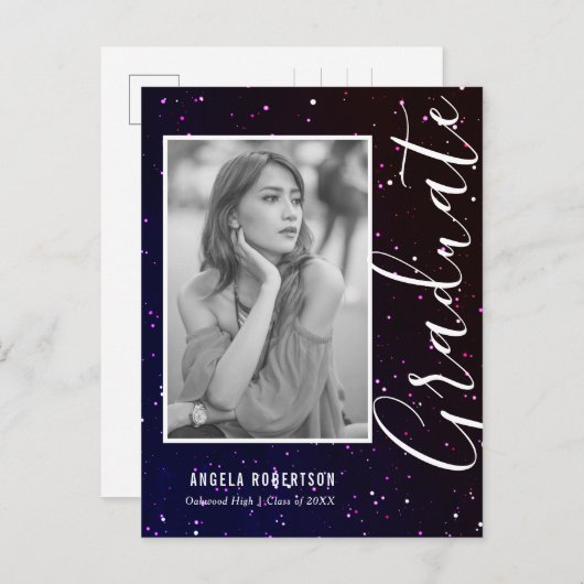 Midnight Space Glitter Photo Afstuderen Uitnodiging Briefkaart (Voorkant / Achterkant)