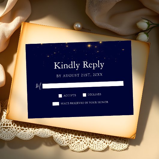 Midnight Stars Navy Blue Wedding RSVP Kaart