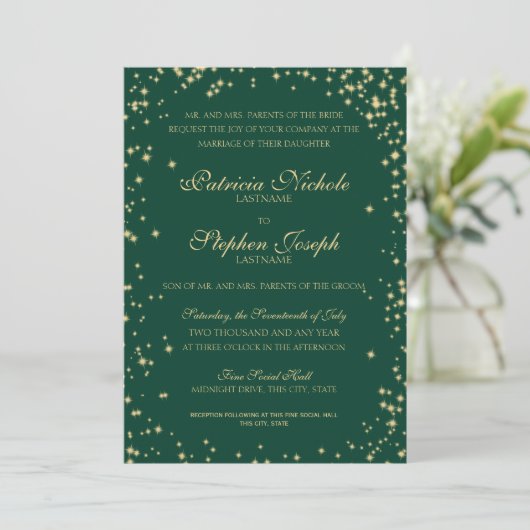 Midnight Stars Twinkle Sky Emerald Wedding Kaart (Staand voorkant)