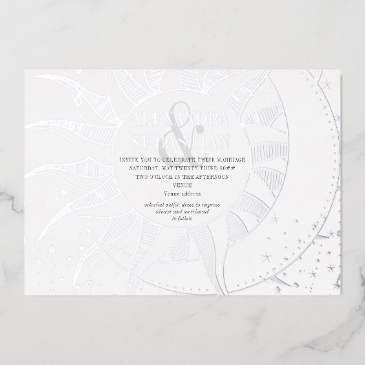 Midnight Sterren Maan Zon Hemelvaart Bruiloft Zilv Folie Uitnodiging (Voorkant)