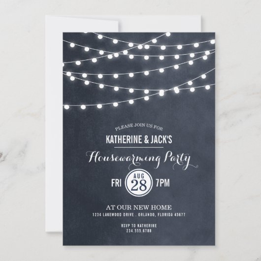 Midnight String Lights Housewarming Party Uitnodig Kaart (Voorkant)