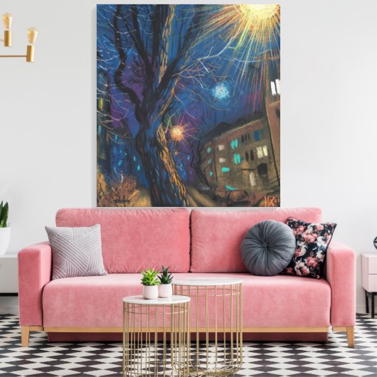 Midnight Sun, Night Street Tree Landscape Paintin Canvas Afdruk (Insitu (Woonkamer))