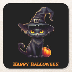 Midnight The Witchy Black Cat Halloween Kartonnen Onderzetters