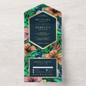 Midnight Tropical Vibrant Floral Garden Wedding All In One Uitnodiging (Binnen)