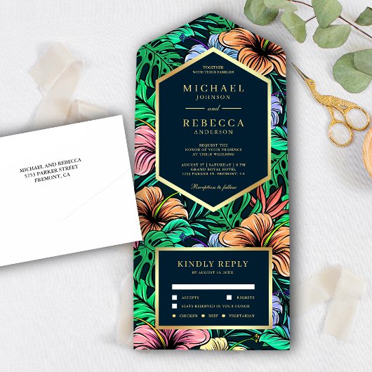 Midnight Tropical Vibrant Floral Garden Wedding All In One Uitnodiging