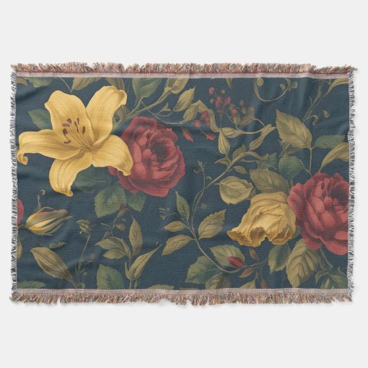 Midnight Victorian Floral – Yellow Lilies & Roses Deken (Voorkant)
