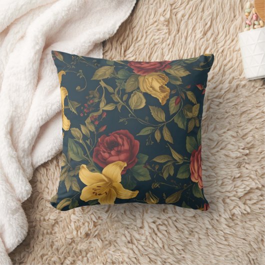 Midnight Victorian Floral – Yellow Lilies & Roses  Kussen (Deken)