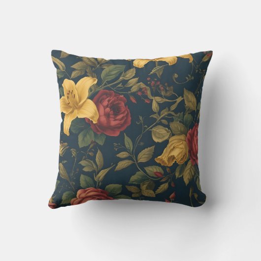 Midnight Victorian Floral – Yellow Lilies & Roses Kussen (Achterkant)