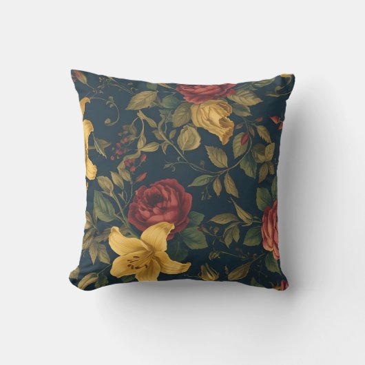Midnight Victorian Floral – Yellow Lilies & Roses  Kussen (Voorkant)