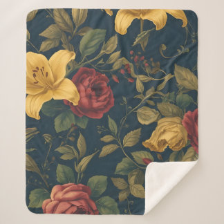 Midnight Victorian Floral – Yellow Lilies & Roses  Sherpa Deken