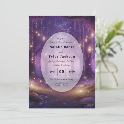 Midnight Violet Enchanted Forest Wedding Kaart (Staand voorkant)