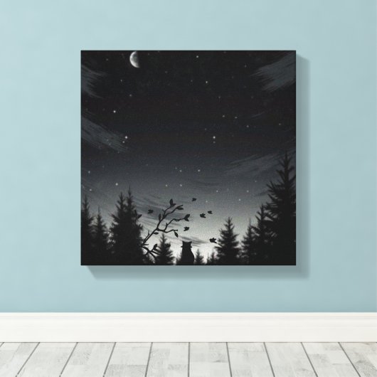 Midnight Whispers: Cat Under the Stars Canvas Afdruk (Insitu (Houten vloer))