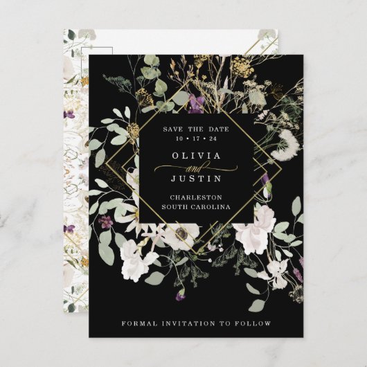 Midnight Wildbloemen | Geometrisch sparen de Datum Aankondigingskaart (Voorkant / Achterkant)