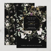 Midnight Wildbloemen | Zwarte geometrisch Save The Date (Voorkant / Achterkant)