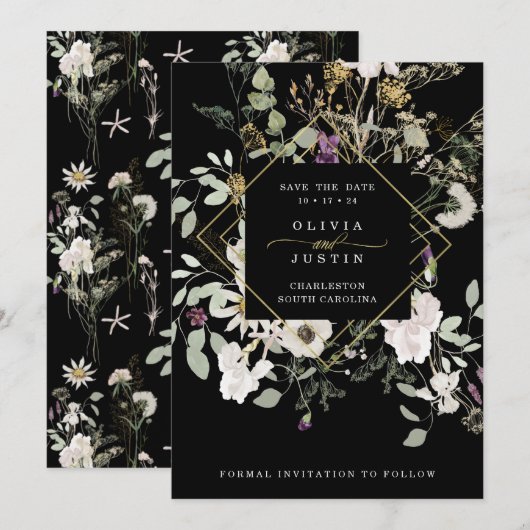 Midnight Wildbloemen | Zwarte geometrisch Save The Date (Voorkant / Achterkant)
