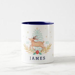 Midnight Woodland Forest Reindeer & kerstboom Tweekleurige Koffiemok