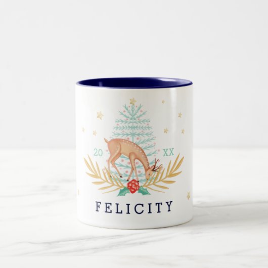 Midnight Woodland Forest Reindeer & kerstboom Tweekleurige Koffiemok (Center)