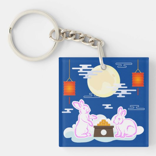 Midsfeest Maan Konijn Maancake Wolken Sleutelhanger (Voorkant)