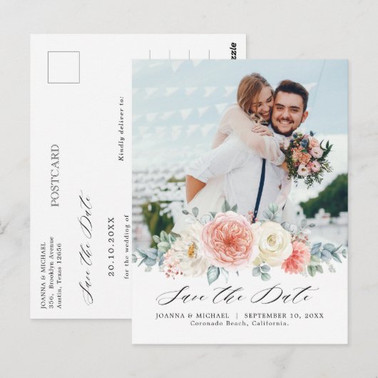 Midsummer Peach Pastel Pink Floral Bewaar de datum Briefkaart (Voorkant / Achterkant)