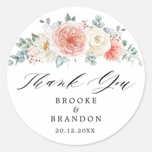 Midsummer Peach Pastel Pink Floral Dank u Ronde Sticker (Voorkant)