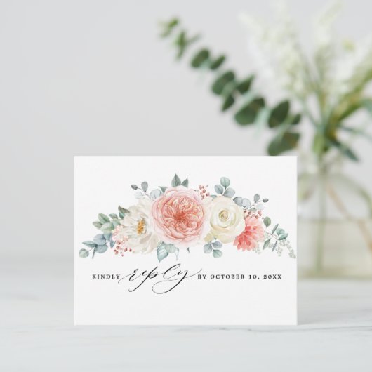 Midsummer Peach Pastel Roze Bloemen Huwelijk RSVP Briefkaart (Staand voorkant)