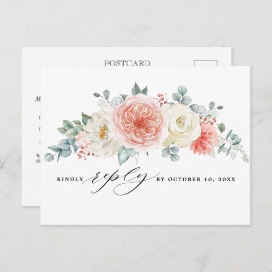 Midsummer Peach Pastel Roze Bloemen Huwelijk RSVP Briefkaart (Voorkant / Achterkant)