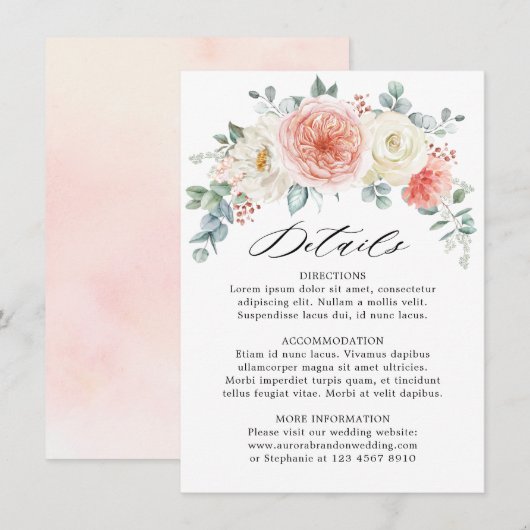 Midsummer Peach Pastel Roze Bloemen Trouwdetails Informatiekaartje (Voorkant / Achterkant)