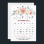 Midsummer Perzik Pastel Roze Bloemencalender Save The Date<br><div class="desc">Elegante en moderne bloemige midsomer kalender save the date kaart met een boeket van zachte pastel waterverfrozen, pioenrozen, Engelse koolrozen, ranunculus en dahlias in tinten blozend roze, perzik en crème, ivoor, wit met weelderige groene botanische bladeren en eucalyptus. U vindt meer bijpassende ontwerpen en variaties in mijn "blissweddingpaperie" winkel. Aarzel...</div>