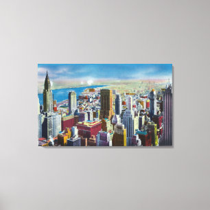 Midtown Skyline Uitzicht naar de oostelijke rivier Canvas Afdruk