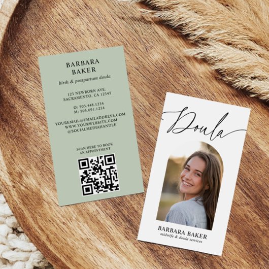 Midwife Birth Postpartum  Doula Photo QR CODE SAGE Visitekaartje