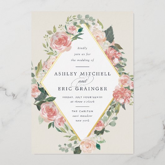 Midzomer Floral | Geometrische Lijsten bruiloft Folie Uitnodiging (Voorkant)