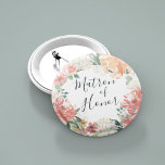Midzomer Floral Matron of Honor Ronde Button 5,7 Cm<br><div class="desc">Identificeer de hoofdrolspelers op je vrijgezellenfeest met onze elegante,  liefdevolle glazen florale knoppen. Button is voorzien van een waterverf florale kreet van perachy roze pinda's,  witte hydrangea bloemen en botanische groenery met "matron of eresiche" in handletterschrift.</div>