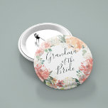 Midzomer Floral oma van de Bride Ronde Button 5,7 Cm<br><div class="desc">Identificeer de hoofdrolspelers op je vrijgezellenfeest met onze elegante,  liefdevolle glazen florale knoppen. Button is voorzien van een waterverf florale kreet van perachy roze pinda's,  witte hydrangea bloemen en botanische groenery met "oma van de bruid" in een handgeschreven letterschrift.</div>