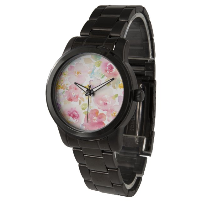 Midzomer | Waterverf Roze Floral Horloge (Gekanteld)